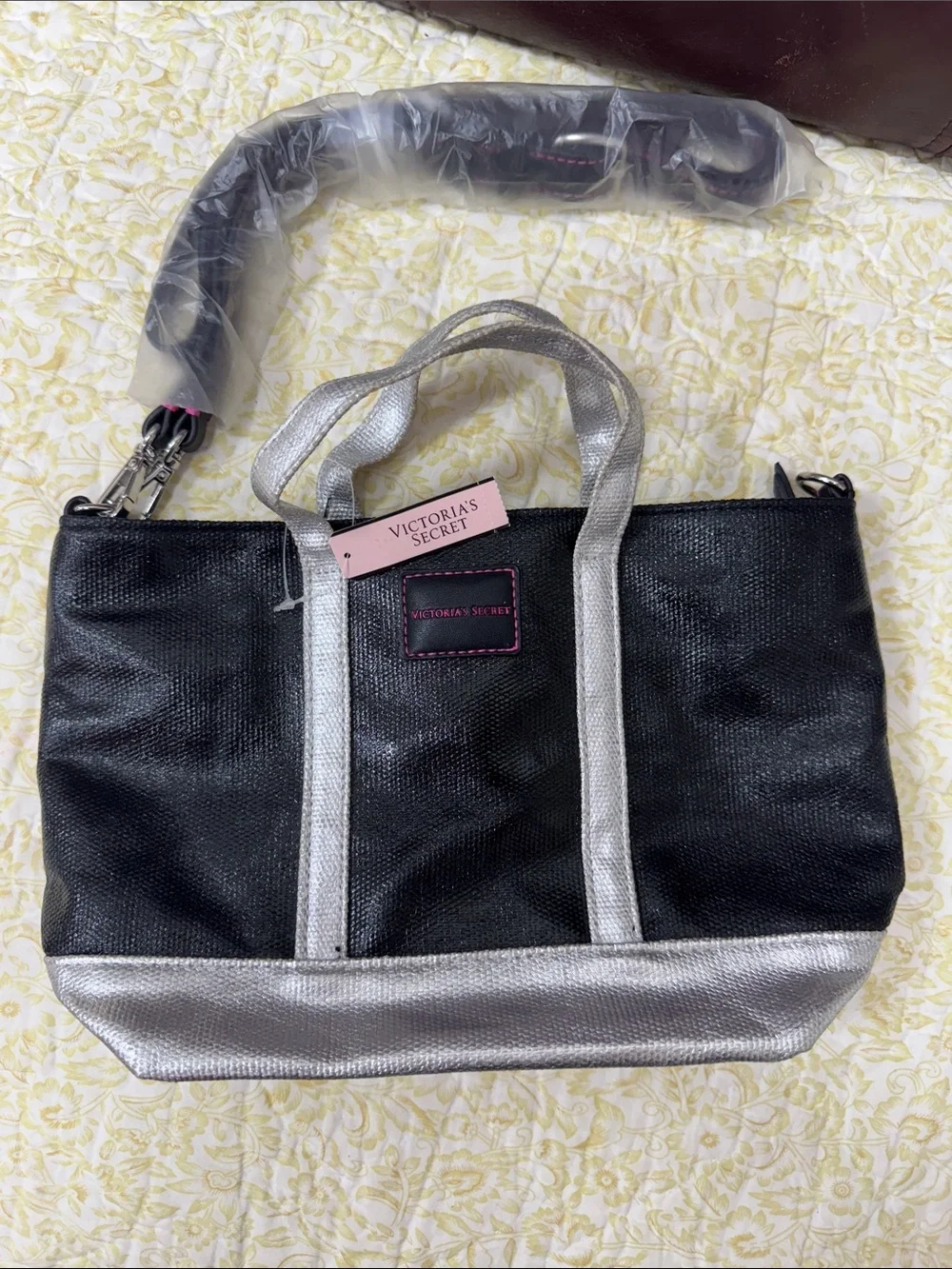Victoria's Secret Black and Silver Metallic Trim Tote